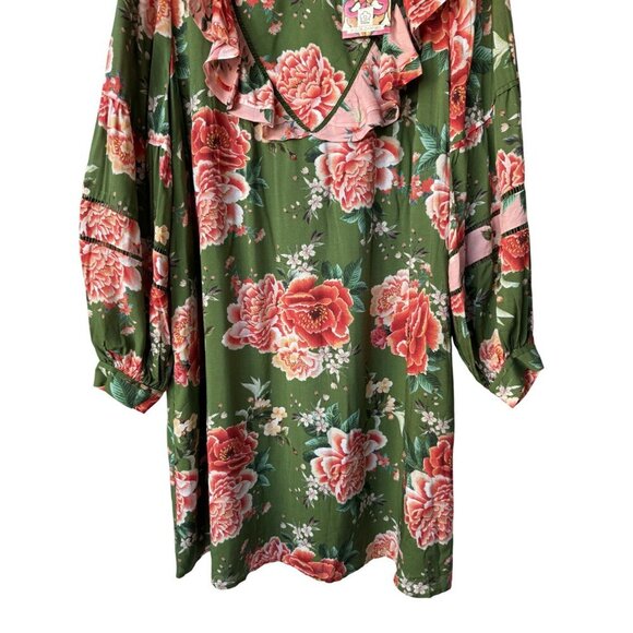 Farm Rio Long Sleeve Green Floral Dress 1X NWT Elinor Tunic Ruffle Short Flowy - Picture 4 of 15